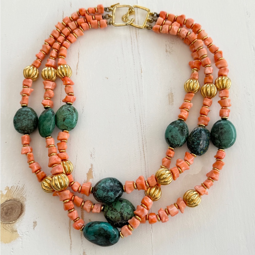 Signed Vintage Kenneth J Lane Triple Strand Faux Coral Turquoise Gold Tone
